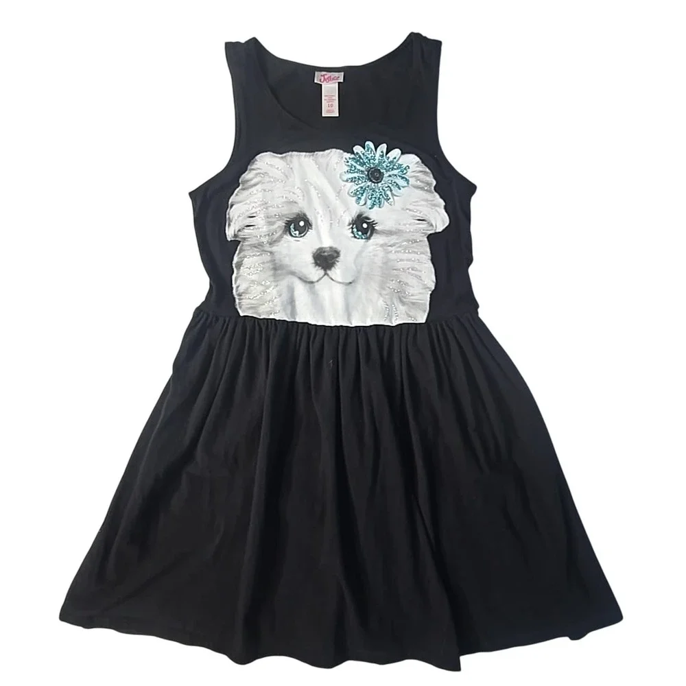 Justice‎ Tank Dress Kids Size 10 Black Puppy Graphic Glitter Sequin Puppycore